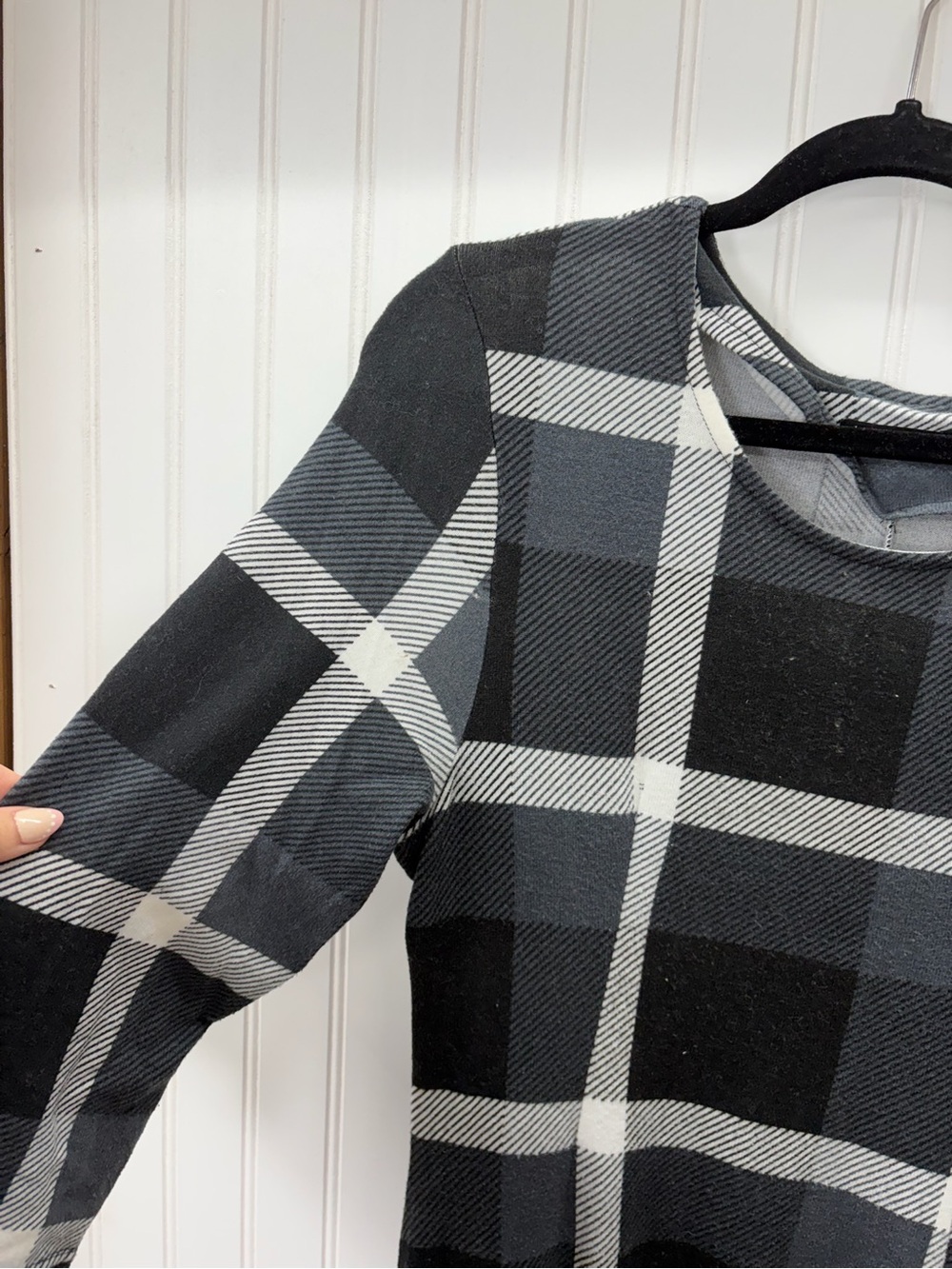 Reborn Black & Gray Plaid long sleeve Maxi stretchy Dress - Picture 2 of 7